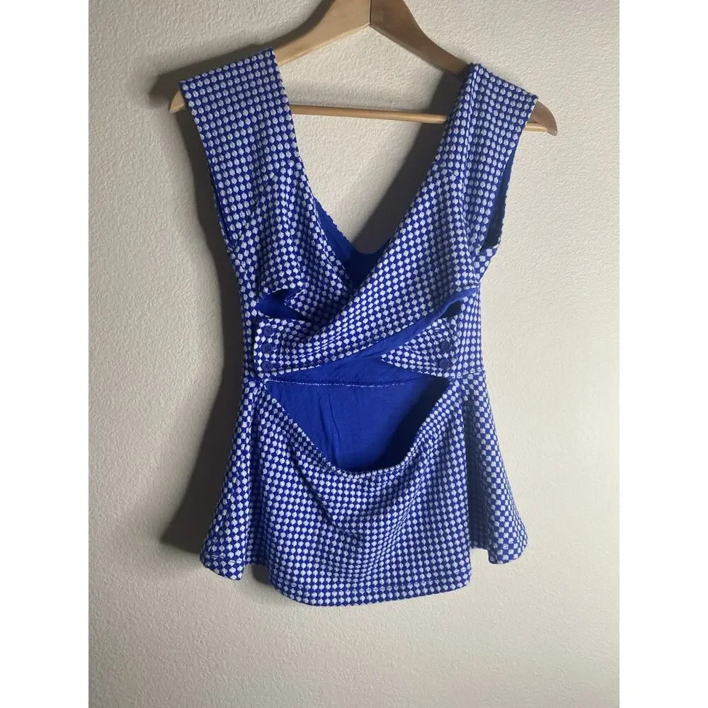 Anthropologie Deletta Womens Blouse Top Peplum Medium Blue White Gingham - Picture 4 of 6